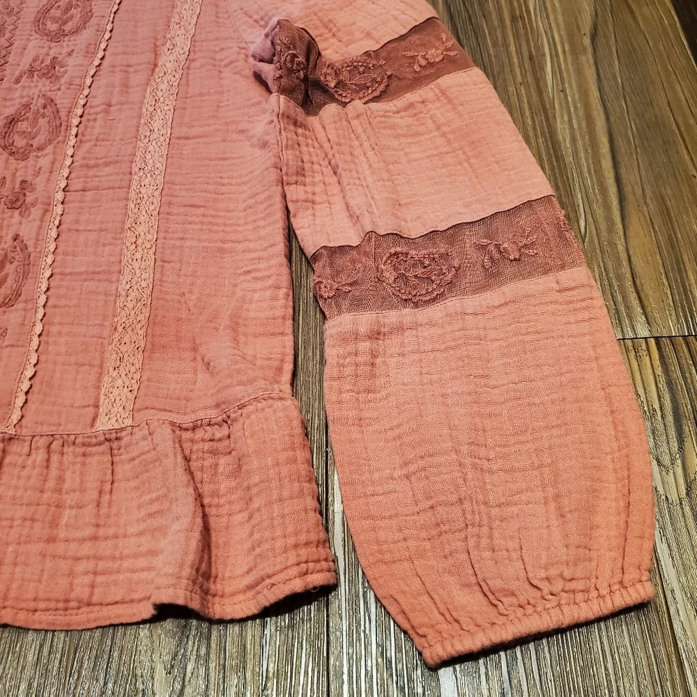 Calligraphie Dusty Rose Top Long Sleeve Peplum Cotton Embroidered Mesh Casual M